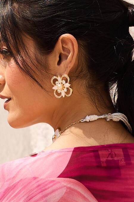 Buy_Bblingg_White Pearls, Smocking Floral Gold Tone Stud Earrings_Online_at_Aza_Fashions