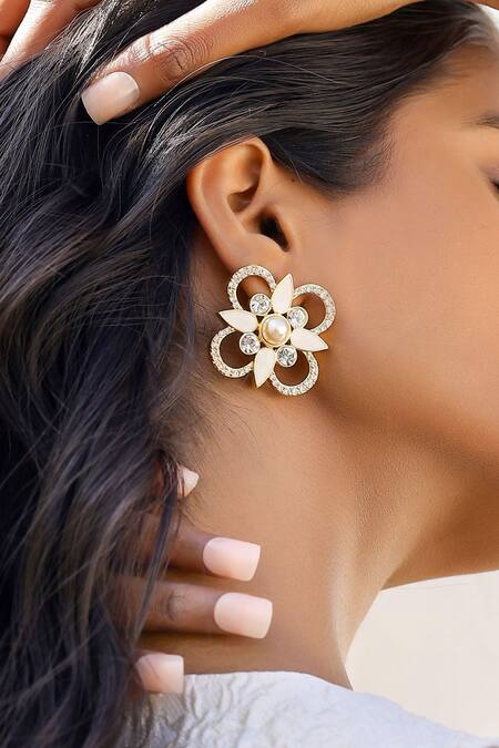 Shop_Bblingg_White Pearls, Smocking Floral Gold Tone Stud Earrings_Online_at_Aza_Fashions