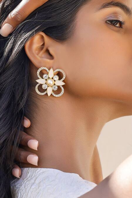 Bblingg_White Pearls, Smocking Floral Gold Tone Stud Earrings_at_Aza_Fashions