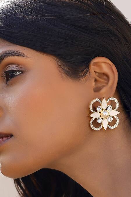 Buy_Bblingg_White Pearls, Smocking Floral Gold Tone Stud Earrings