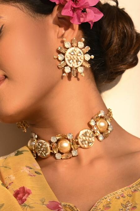 Shop Bblingg Gold Plated Crystals, Smocking Rubaina Kundan Stud Earrings Shop_Bblingg_Gold Plated Crystals, Smocking Rubaina Kundan Stud Earrings