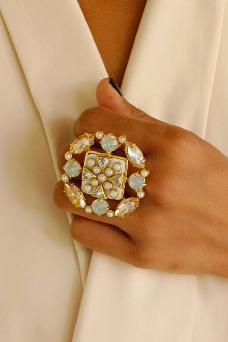 Shop Bblingg Gold Plated Crystals, Pearls Suhaaya Mini Embellished Ring Shop_Bblingg_Gold Plated Crystals, Pearls Suhaaya Mini Embellished Ring
