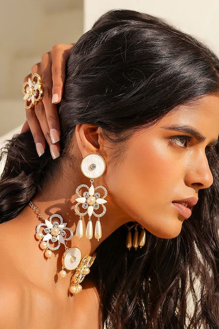 Bblingg White Pearls, Smocking, Crystals Gold Tone Floral Dangler Earrings at Aza Fashions Bblingg_White Pearls, Smocking, Crystals Gold Tone Floral Dangler Earrings _at_Aza_Fashions