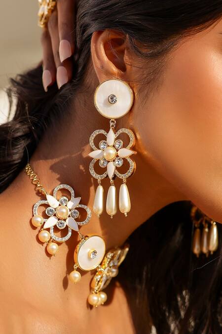 Shop Bblingg White Pearls, Smocking, Crystals Gold Tone Floral Dangler Earrings Shop_Bblingg_White Pearls, Smocking, Crystals Gold Tone Floral Dangler Earrings