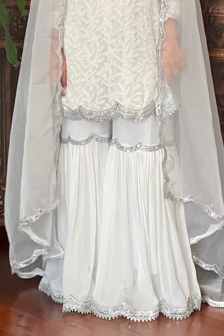 Label Aishwaryrika_White Georgette Embroidery Round Neck Chikankari Kurta Set _Online_at_Aza_Fashions