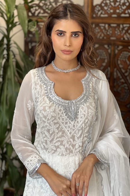 Buy_Label Aishwaryrika_White Georgette Embroidery Round Neck Chikankari Kurta Set _Online_at_Aza_Fashions
