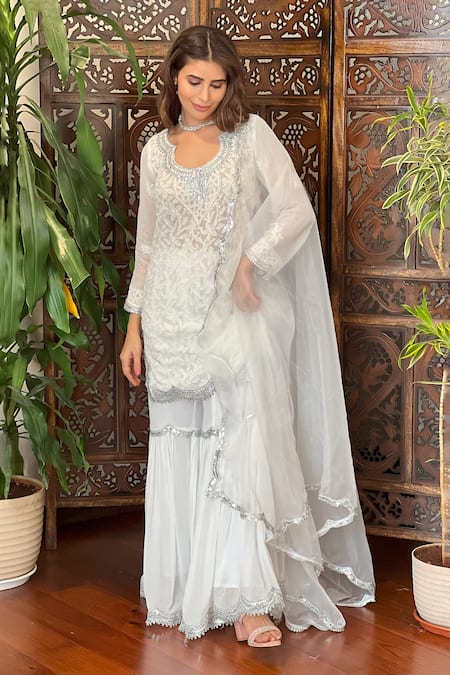 Shop_Label Aishwaryrika_White Georgette Embroidery Round Neck Chikankari Kurta Set _Online_at_Aza_Fashions