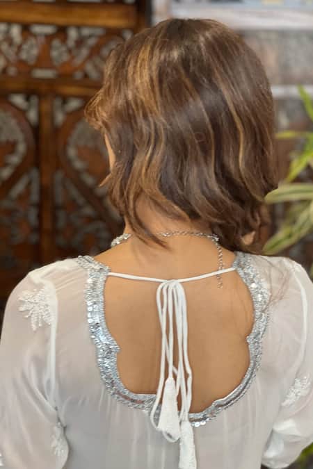 Label Aishwaryrika_White Georgette Embroidery Round Neck Chikankari Kurta Set _at_Aza_Fashions