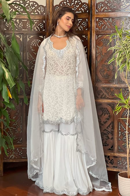 Shop_Label Aishwaryrika_White Georgette Embroidery Round Neck Chikankari Kurta Set 