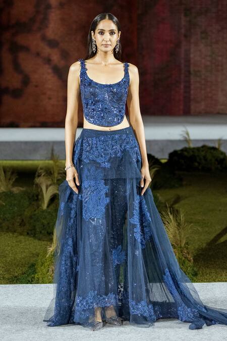 Buy_Mishru_Navy Tulle Embroidery Scoop Neck Blue Skirt And Corset Set _Online_at_Aza_Fashions