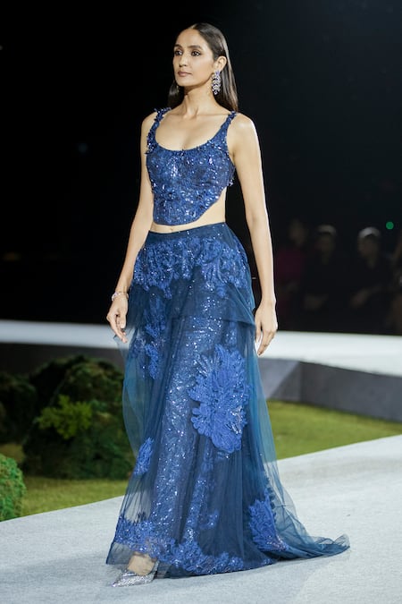 Shop_Mishru_Navy Tulle Embroidery Scoop Neck Blue Skirt And Corset Set _Online_at_Aza_Fashions