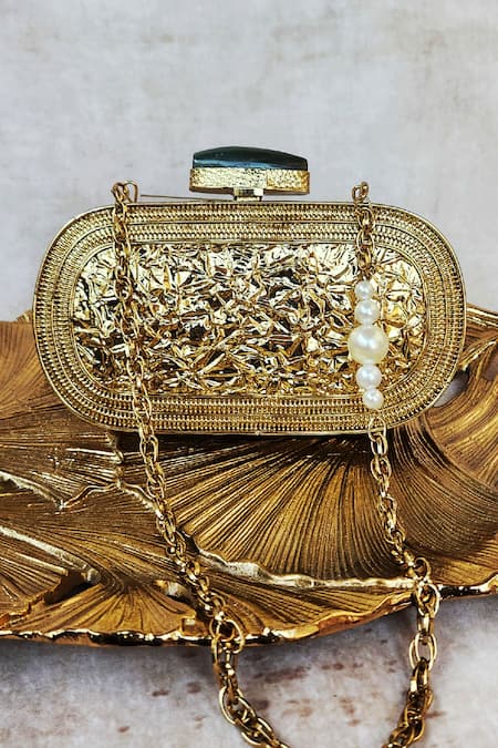 Shop Adwita Bags & Jewels Gold Crystals, Stones Oval Shaped Bag at Aza Fashions Shop_Adwita Bags & Jewels_Gold Crystals, Stones Oval Shaped Bag _at_Aza_Fashions