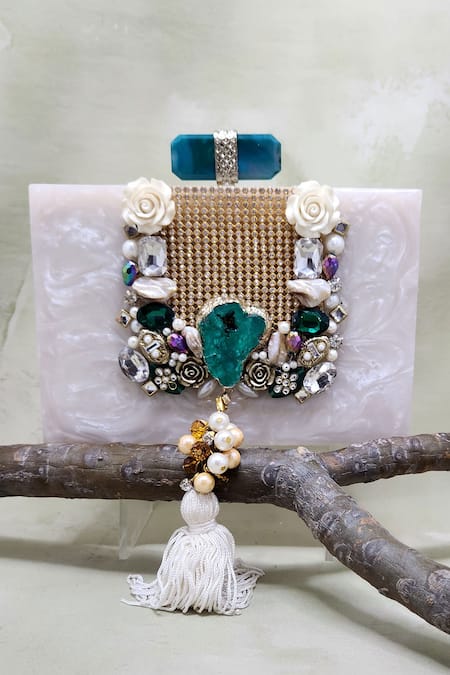 Adwita Bags & Jewels White Rhinestones Maharani Resin Stone Embellished Clutch Bag