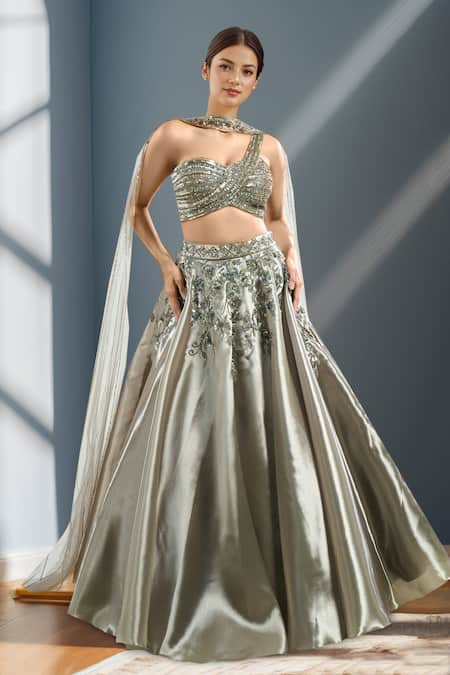 Samyukta Singhania Gray Organza Sequins, Embroidery Asymmetric Placement Lehenga Set 
