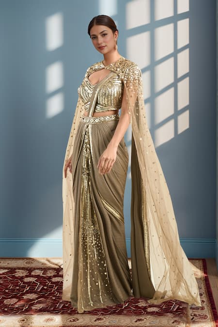 Samyukta Singhania Green Net Sequins, Beads Sweetheart Neck Border Embroidered Pre-draped Saree Set 