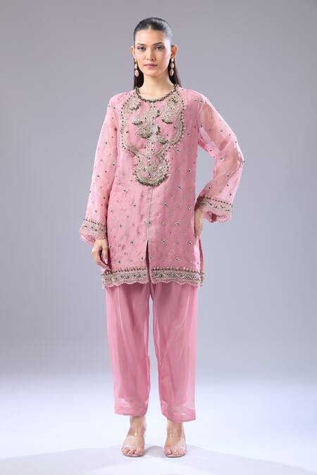 Buy_Ridhi Mehra_Pink Sequins, Embroidery Round Neck Floral Kurta Set _Online_at_Aza_Fashions