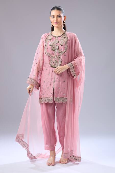 Shop_Ridhi Mehra_Pink Sequins, Embroidery Round Neck Floral Kurta Set _Online_at_Aza_Fashions