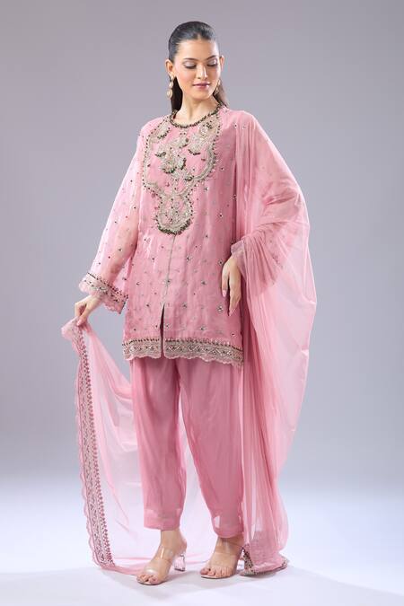 Ridhi Mehra_Pink Sequins, Embroidery Round Neck Floral Kurta Set _at_Aza_Fashions