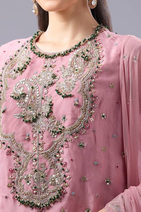 Buy_Ridhi Mehra_Pink Sequins, Embroidery Round Neck Floral Kurta Set 