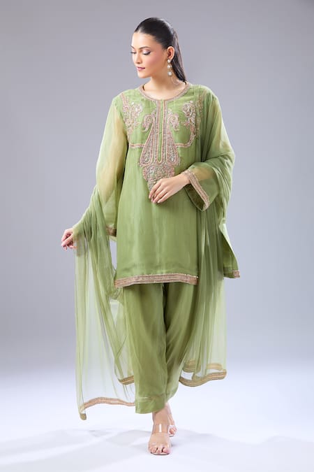 Ridhi Mehra_Green Embroidery Round Neck Paisley Kurta Salwar Set_Online_at_Aza_Fashions