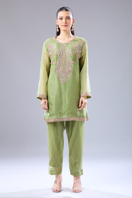 Shop_Ridhi Mehra_Green Embroidery Round Neck Paisley Kurta Salwar Set_Online_at_Aza_Fashions