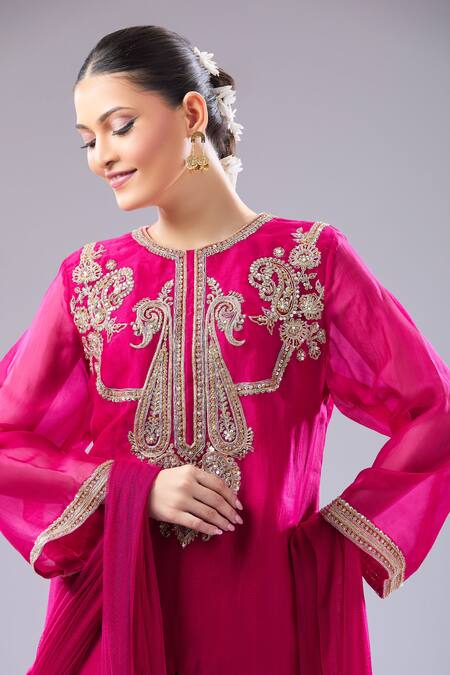 Shop_Ridhi Mehra_Fuchsia Embroidery Round Neck Paisley Kurta Set _Online_at_Aza_Fashions