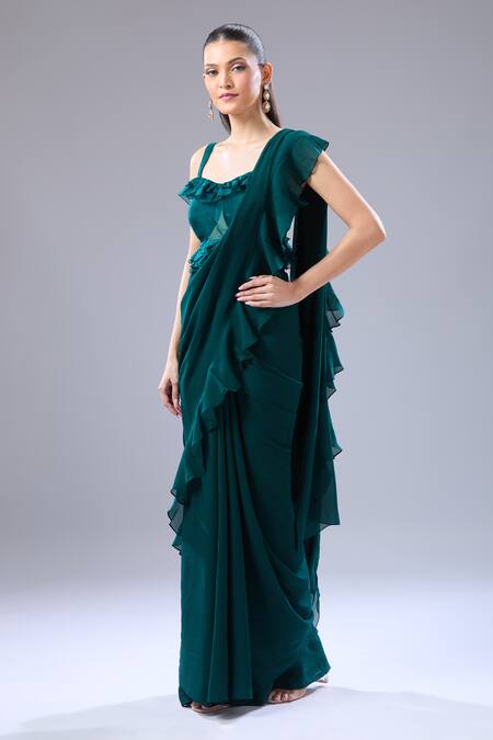 Ridhi Mehra_Green Ruffles Square Neck Emerald Hem Saree With Blouse _Online_at_Aza_Fashions