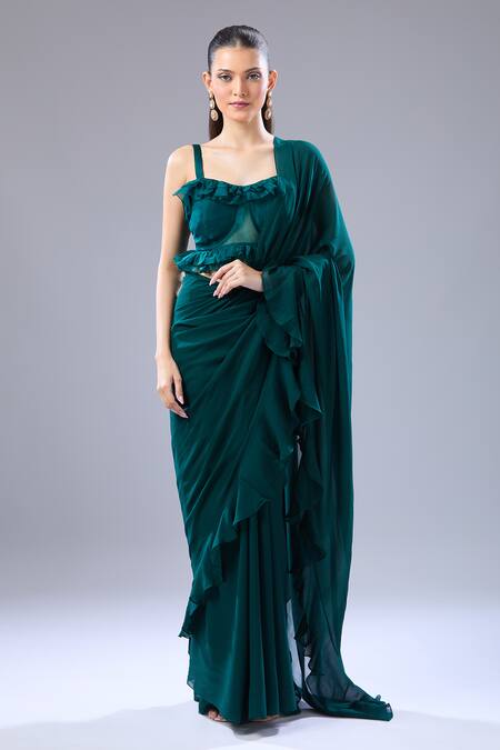 Buy_Ridhi Mehra_Green Ruffles Square Neck Emerald Hem Saree With Blouse _Online_at_Aza_Fashions