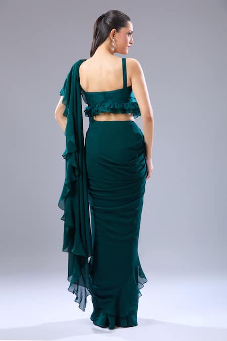 Ridhi Mehra Emerald Green Ruffle Hem Saree With Blouse 