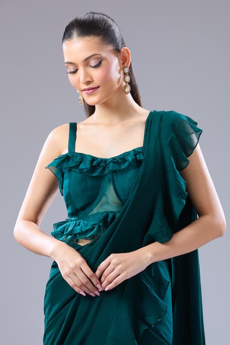 Shop_Ridhi Mehra_Green Ruffles Square Neck Emerald Hem Saree With Blouse _Online_at_Aza_Fashions