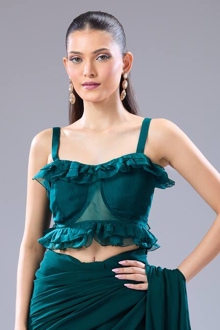 Buy_Ridhi Mehra_Green Ruffles Square Neck Emerald Hem Saree With Blouse 