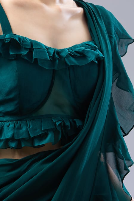 Shop_Ridhi Mehra_Green Ruffles Square Neck Emerald Hem Saree With Blouse 