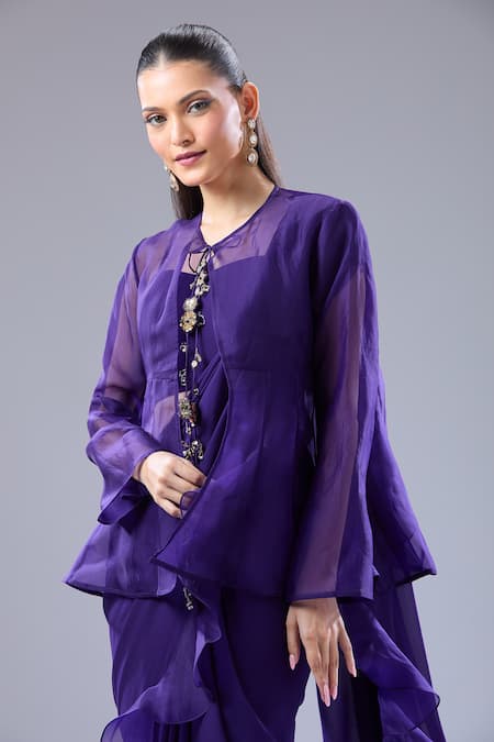 Ridhi Mehra Purple Beads Sweetheart , Round Ruffle Hem Saree Blouse Set at Aza Fashions Ridhi Mehra_Purple Beads Sweetheart , Round Ruffle Hem Saree Blouse Set _at_Aza_Fashions