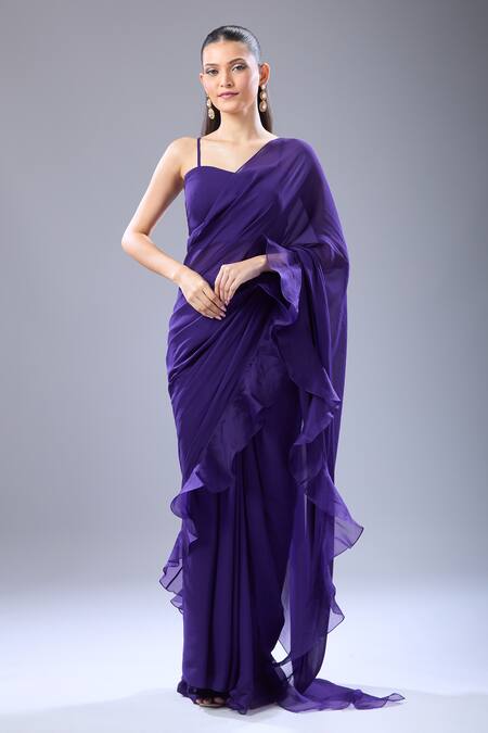 Buy Ridhi Mehra Purple Beads Sweetheart , Round Ruffle Hem Saree Blouse Set Buy_Ridhi Mehra_Purple Beads Sweetheart , Round Ruffle Hem Saree Blouse Set