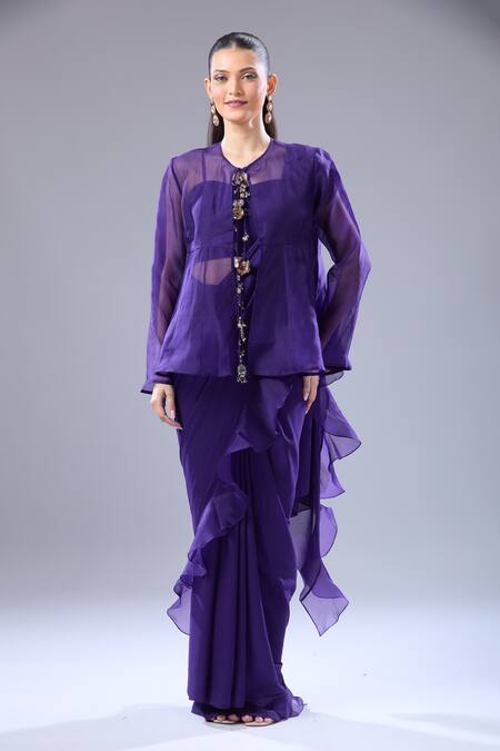 Shop Ridhi Mehra Purple Beads Sweetheart , Round Ruffle Hem Saree Blouse Set Shop_Ridhi Mehra_Purple Beads Sweetheart , Round Ruffle Hem Saree Blouse Set
