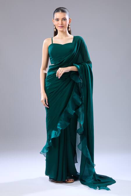 Ridhi Mehra_Green Round Neck Emerald Ruffle Hem Saree Set _Online_at_Aza_Fashions