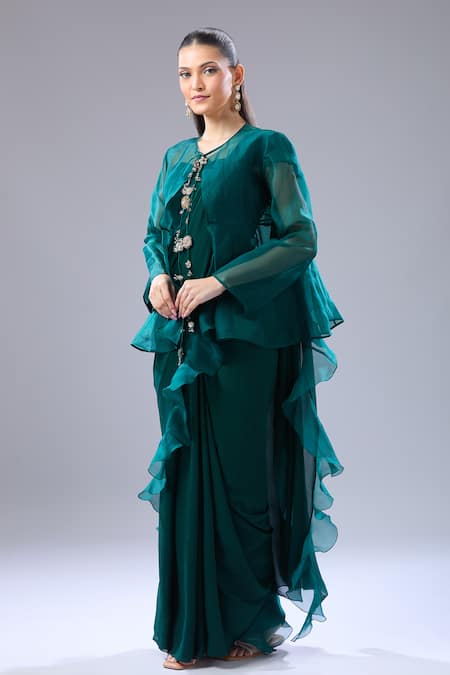 Buy_Ridhi Mehra_Green Round Neck Emerald Ruffle Hem Saree Set _Online_at_Aza_Fashions