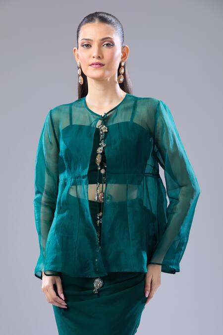 Shop_Ridhi Mehra_Green Round Neck Emerald Ruffle Hem Saree Set _Online_at_Aza_Fashions