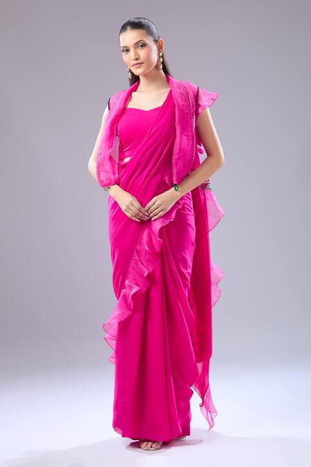Ridhi Mehra_Fuchsia Embroidery Square , Open Ruffle Hem Saree Blouse Set _Online_at_Aza_Fashions