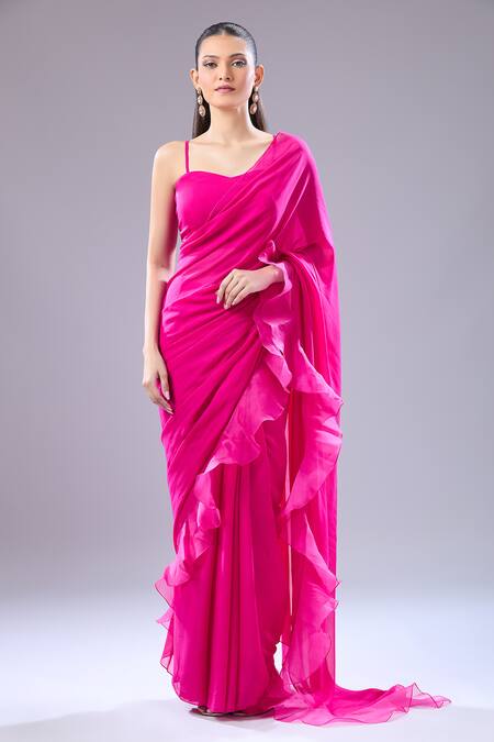 Buy_Ridhi Mehra_Fuchsia Embroidery Square , Open Ruffle Hem Saree Blouse Set 