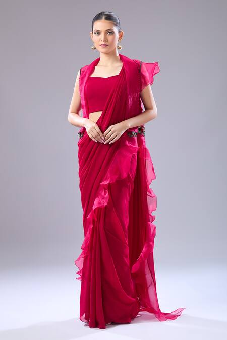 Ridhi Mehra Red Embroidery Square , Open Ruffle Hem Saree Blouse Set Online at Aza Fashions Ridhi Mehra_Red Embroidery Square , Open Ruffle Hem Saree Blouse Set _Online_at_Aza_Fashions