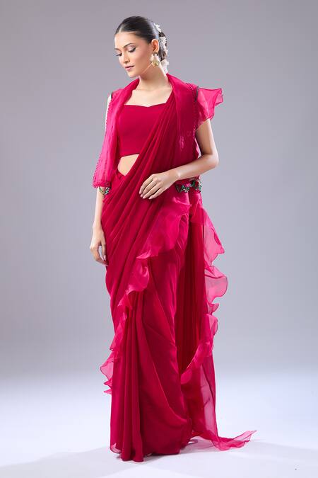 Shop Ridhi Mehra Red Embroidery Square , Open Ruffle Hem Saree Blouse Set Online at Aza Fashions Shop_Ridhi Mehra_Red Embroidery Square , Open Ruffle Hem Saree Blouse Set _Online_at_Aza_Fashions