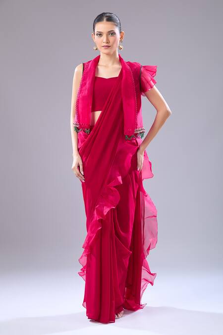 Buy Ridhi Mehra Red Embroidery Square , Open Ruffle Hem Saree Blouse Set Buy_Ridhi Mehra_Red Embroidery Square , Open Ruffle Hem Saree Blouse Set