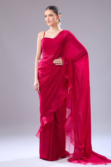 Shop Ridhi Mehra Red Embroidery Square , Open Ruffle Hem Saree Blouse Set Shop_Ridhi Mehra_Red Embroidery Square , Open Ruffle Hem Saree Blouse Set