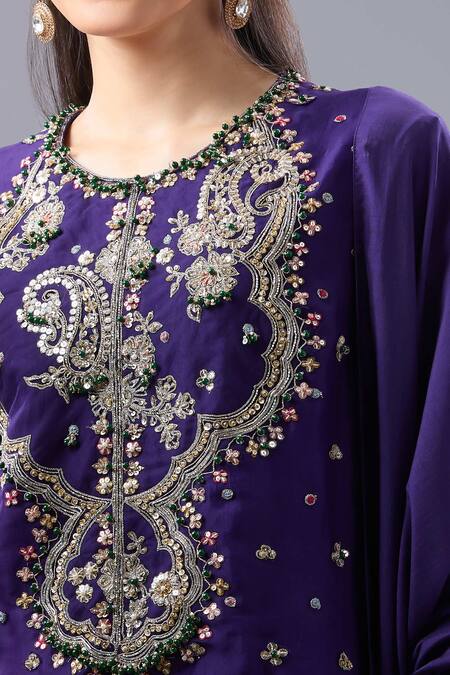 Buy_Ridhi Mehra_Purple Embroidery, Sequins Round Neck Floral Kurta Sharara Set _Online_at_Aza_Fashions