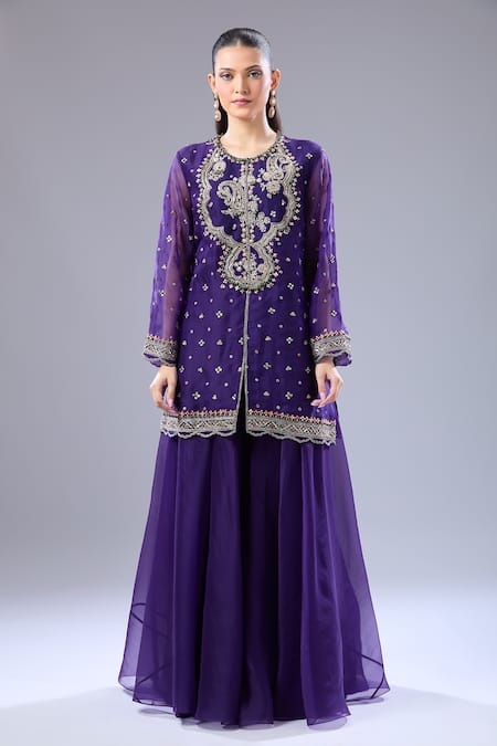 Shop_Ridhi Mehra_Purple Embroidery, Sequins Round Neck Floral Kurta Sharara Set _Online_at_Aza_Fashions