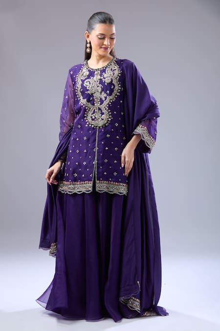 Buy_Ridhi Mehra_Purple Embroidery, Sequins Round Neck Floral Kurta Sharara Set 