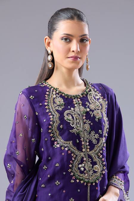 Shop_Ridhi Mehra_Purple Embroidery, Sequins Round Neck Floral Kurta Sharara Set 