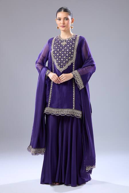 Buy_Ridhi Mehra_Purple Embroidery Round Neck Floral Kurta Set_Online_at_Aza_Fashions