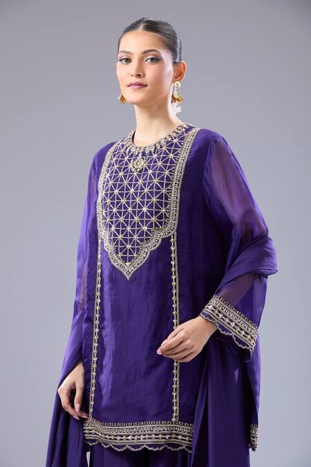 Shop_Ridhi Mehra_Purple Embroidery Round Neck Floral Kurta Set_Online_at_Aza_Fashions